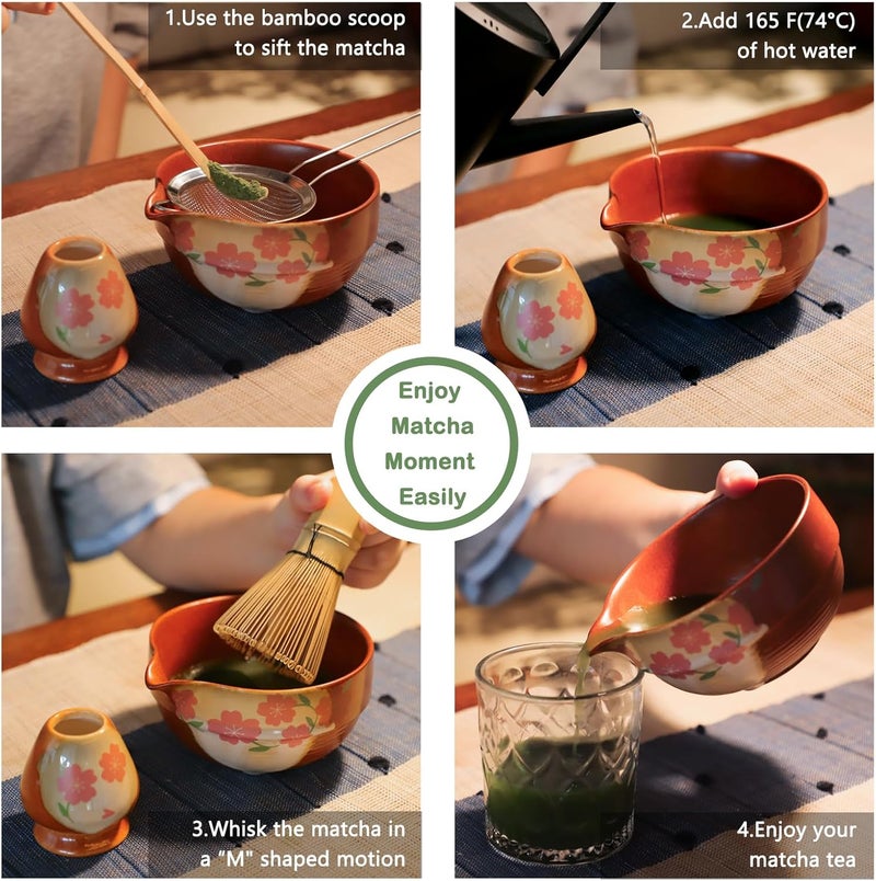 KOIMYSA Matcha Whisk Set With Cherry Blossom Design Bowl And Whisk, Japanese Traditional Matcha Starter Kit Gifts For Women Men Girl Friend,Terracotta And Beige - Image 3